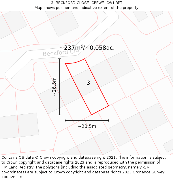 3, BECKFORD CLOSE, CREWE, CW1 3PT: Plot and title map