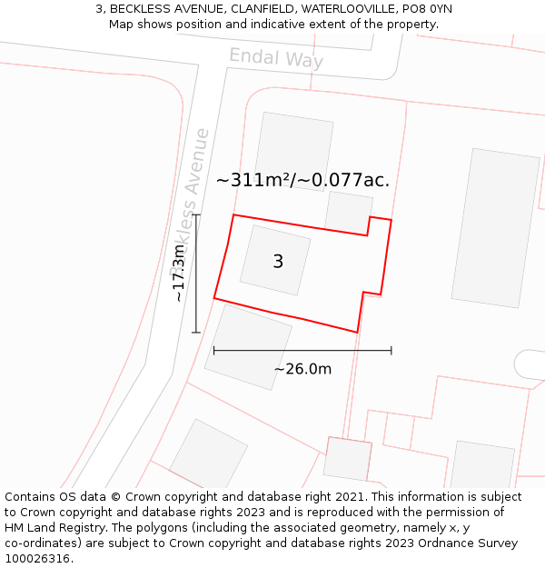 3, BECKLESS AVENUE, CLANFIELD, WATERLOOVILLE, PO8 0YN: Plot and title map