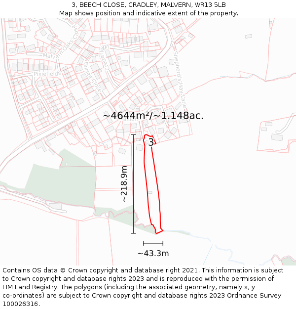 3, BEECH CLOSE, CRADLEY, MALVERN, WR13 5LB: Plot and title map