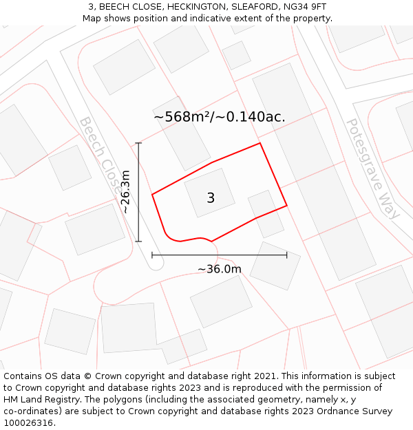 3, BEECH CLOSE, HECKINGTON, SLEAFORD, NG34 9FT: Plot and title map