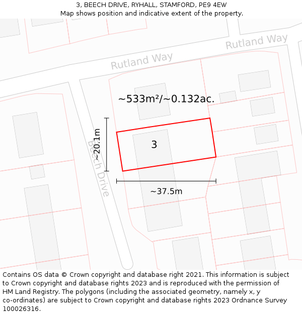 3, BEECH DRIVE, RYHALL, STAMFORD, PE9 4EW: Plot and title map