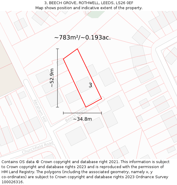 3, BEECH GROVE, ROTHWELL, LEEDS, LS26 0EF: Plot and title map