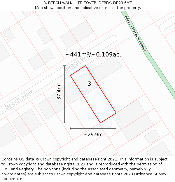 3, BEECH WALK, LITTLEOVER, DERBY, DE23 6AZ: Plot and title map