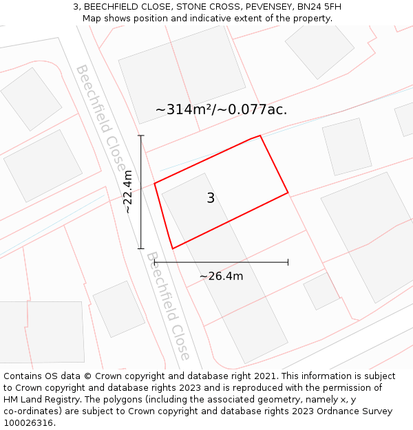 3, BEECHFIELD CLOSE, STONE CROSS, PEVENSEY, BN24 5FH: Plot and title map