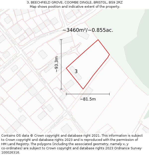 3, BEECHFIELD GROVE, COOMBE DINGLE, BRISTOL, BS9 2RZ: Plot and title map