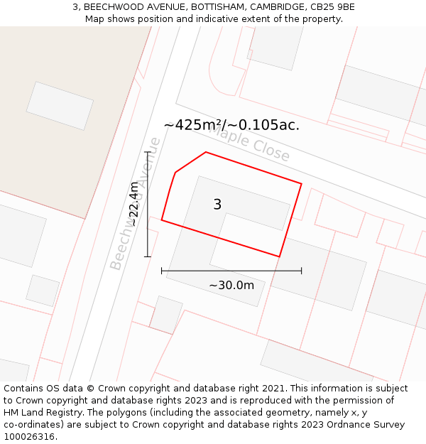 3, BEECHWOOD AVENUE, BOTTISHAM, CAMBRIDGE, CB25 9BE: Plot and title map