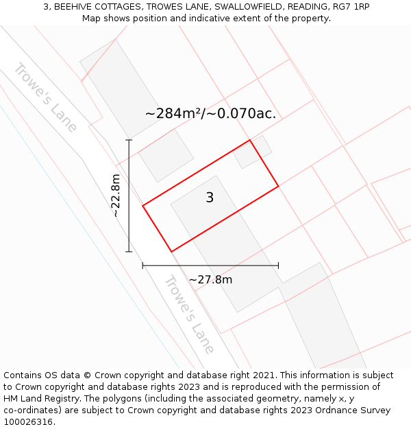 3, BEEHIVE COTTAGES, TROWES LANE, SWALLOWFIELD, READING, RG7 1RP: Plot and title map