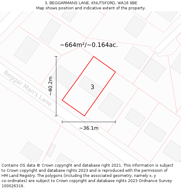 3, BEGGARMANS LANE, KNUTSFORD, WA16 9BE: Plot and title map