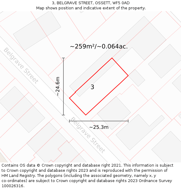 3, BELGRAVE STREET, OSSETT, WF5 0AD: Plot and title map