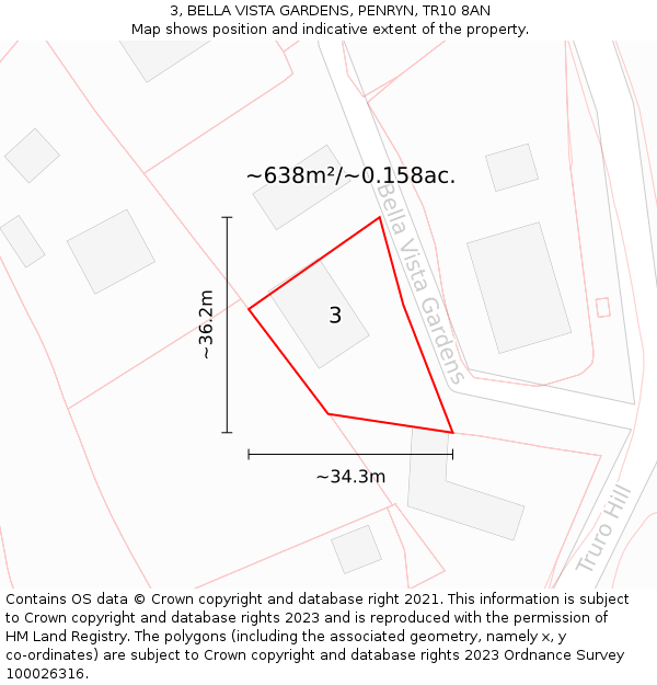 3, BELLA VISTA GARDENS, PENRYN, TR10 8AN: Plot and title map