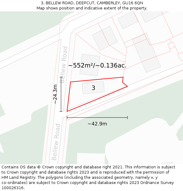 3, BELLEW ROAD, DEEPCUT, CAMBERLEY, GU16 6QN: Plot and title map