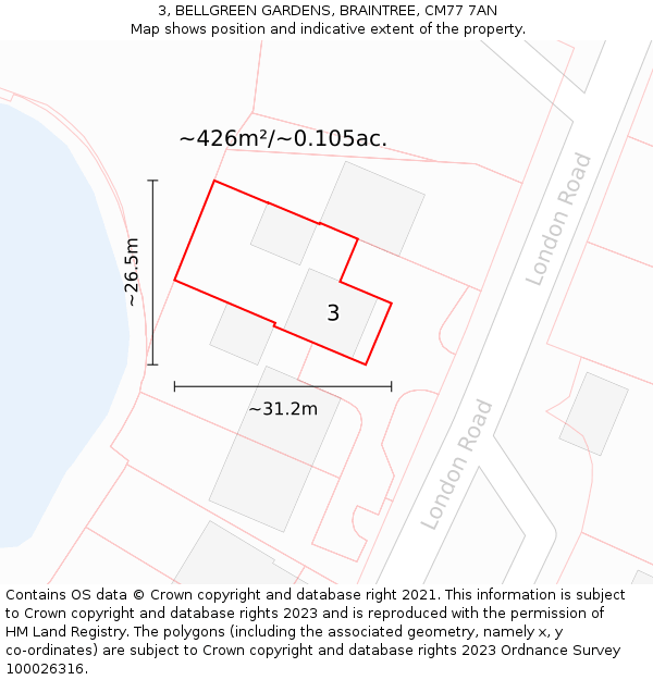 3, BELLGREEN GARDENS, BRAINTREE, CM77 7AN: Plot and title map