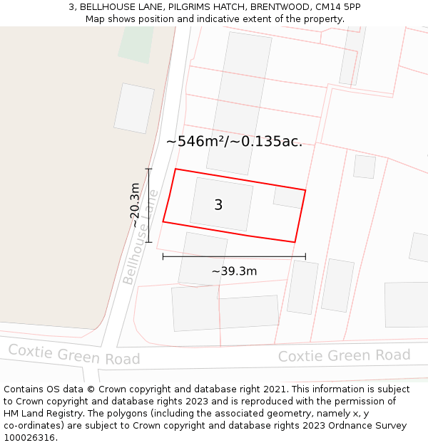 3, BELLHOUSE LANE, PILGRIMS HATCH, BRENTWOOD, CM14 5PP: Plot and title map