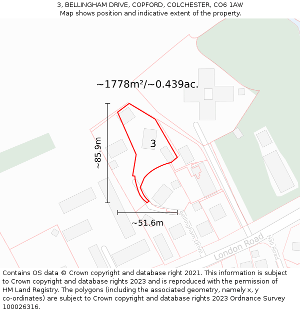 3, BELLINGHAM DRIVE, COPFORD, COLCHESTER, CO6 1AW: Plot and title map