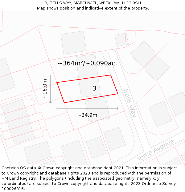3, BELLS WAY, MARCHWIEL, WREXHAM, LL13 0SH: Plot and title map