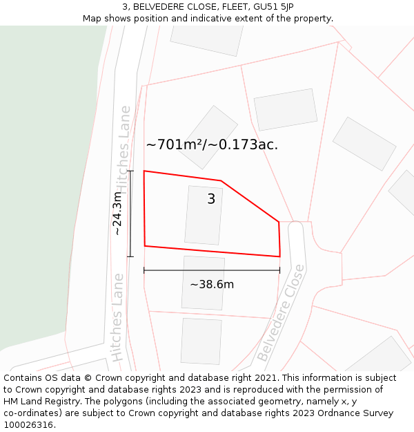 3, BELVEDERE CLOSE, FLEET, GU51 5JP: Plot and title map