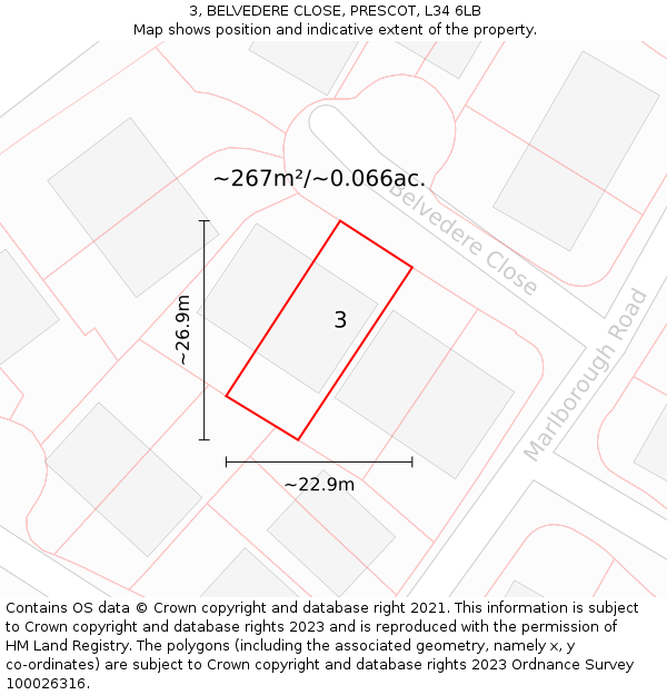 3, BELVEDERE CLOSE, PRESCOT, L34 6LB: Plot and title map