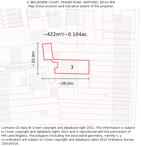 3, BELVEDERE COURT, PINNER ROAD, WATFORD, WD19 4FB: Plot and title map