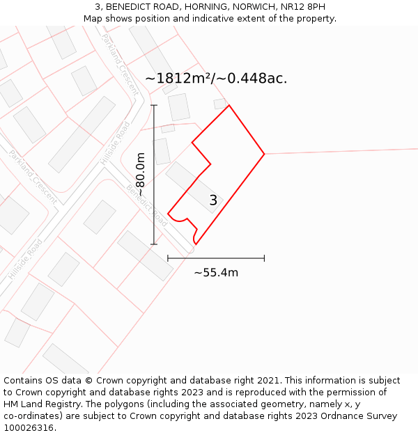 3, BENEDICT ROAD, HORNING, NORWICH, NR12 8PH: Plot and title map