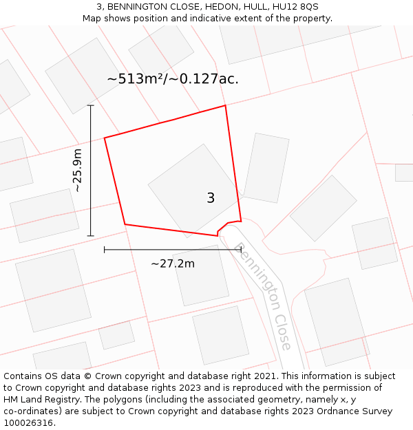 3, BENNINGTON CLOSE, HEDON, HULL, HU12 8QS: Plot and title map