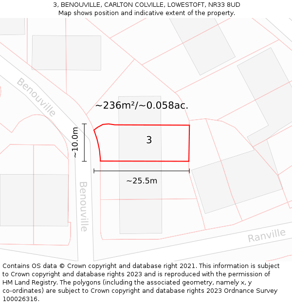 3, BENOUVILLE, CARLTON COLVILLE, LOWESTOFT, NR33 8UD: Plot and title map