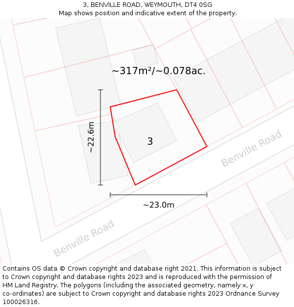 3, BENVILLE ROAD, WEYMOUTH, DT4 0SG: Plot and title map