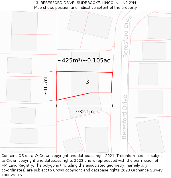 3, BERESFORD DRIVE, SUDBROOKE, LINCOLN, LN2 2YH: Plot and title map