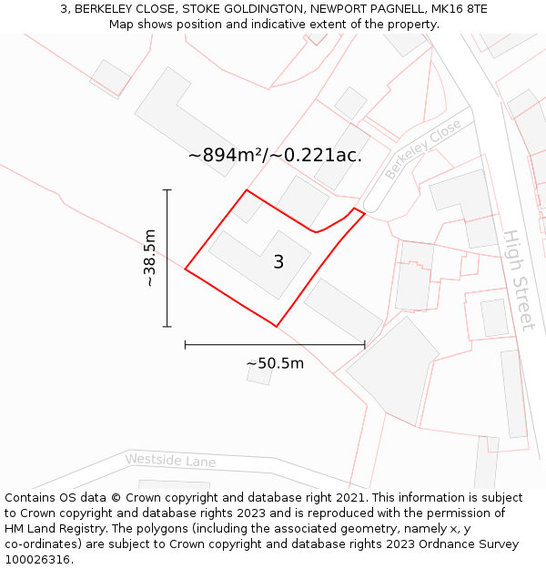 3, BERKELEY CLOSE, STOKE GOLDINGTON, NEWPORT PAGNELL, MK16 8TE: Plot and title map