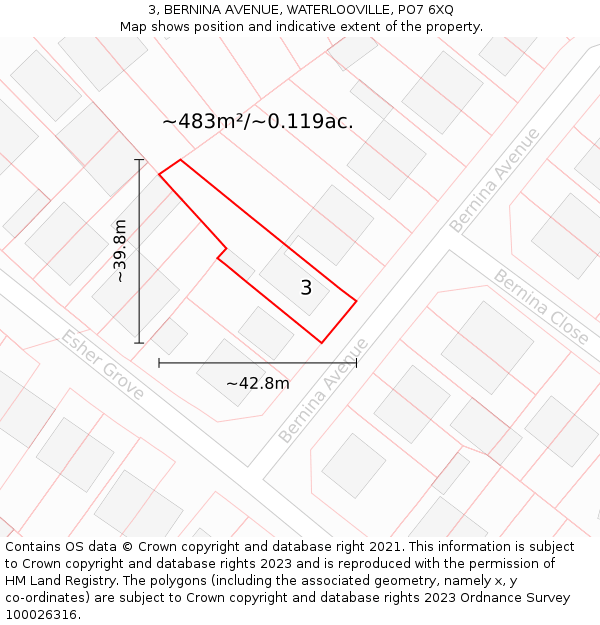 3, BERNINA AVENUE, WATERLOOVILLE, PO7 6XQ: Plot and title map