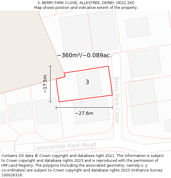 3, BERRY PARK CLOSE, ALLESTREE, DERBY, DE22 2XD: Plot and title map