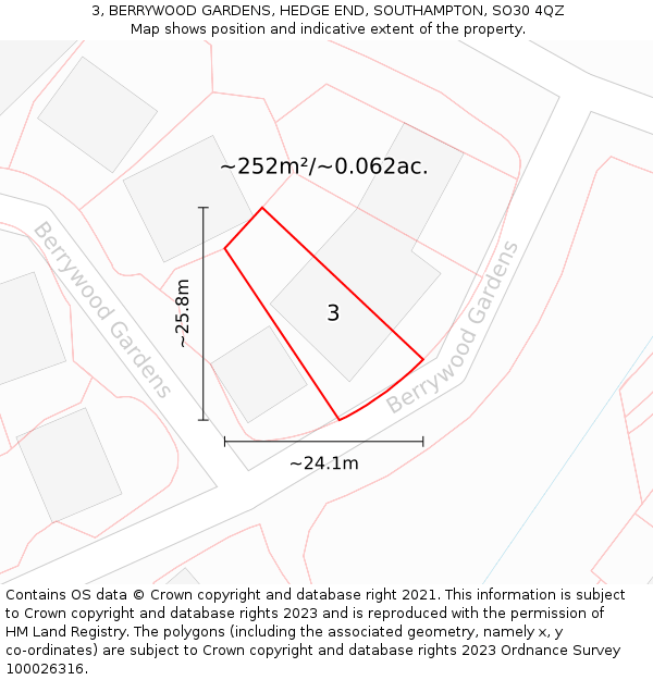 3, BERRYWOOD GARDENS, HEDGE END, SOUTHAMPTON, SO30 4QZ: Plot and title map