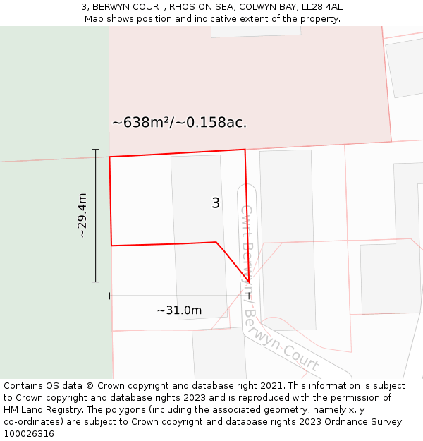 3, BERWYN COURT, RHOS ON SEA, COLWYN BAY, LL28 4AL: Plot and title map