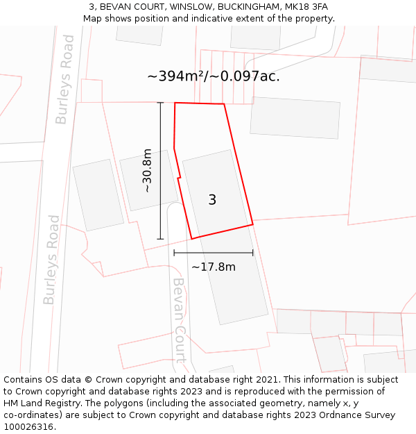 3, BEVAN COURT, WINSLOW, BUCKINGHAM, MK18 3FA: Plot and title map