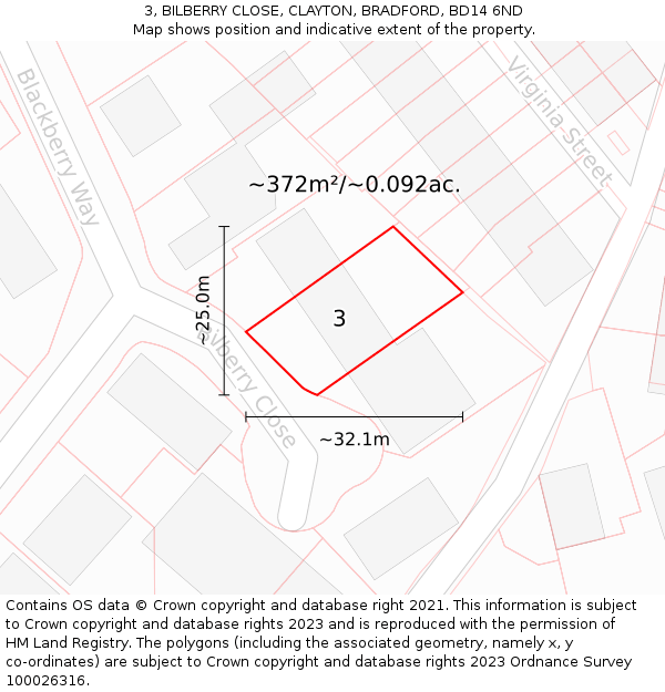 3, BILBERRY CLOSE, CLAYTON, BRADFORD, BD14 6ND: Plot and title map