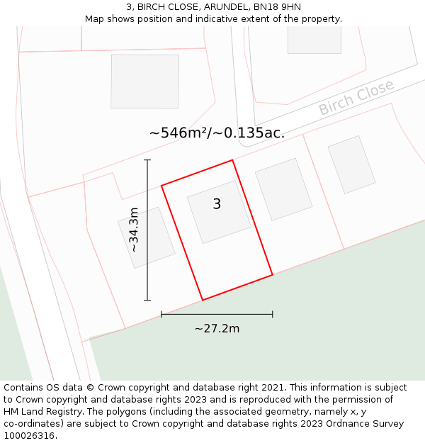 3, BIRCH CLOSE, ARUNDEL, BN18 9HN: Plot and title map