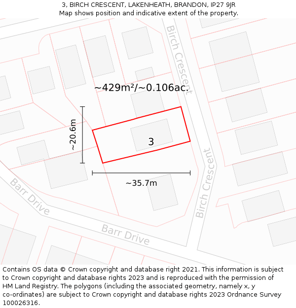 3, BIRCH CRESCENT, LAKENHEATH, BRANDON, IP27 9JR: Plot and title map