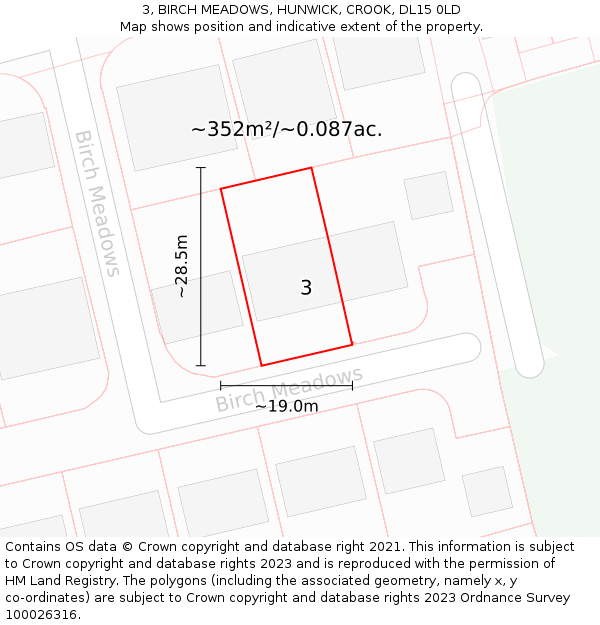 3, BIRCH MEADOWS, HUNWICK, CROOK, DL15 0LD: Plot and title map