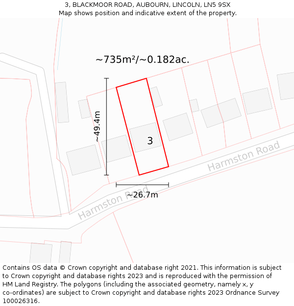 3, BLACKMOOR ROAD, AUBOURN, LINCOLN, LN5 9SX: Plot and title map