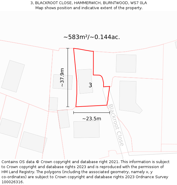 3, BLACKROOT CLOSE, HAMMERWICH, BURNTWOOD, WS7 0LA: Plot and title map