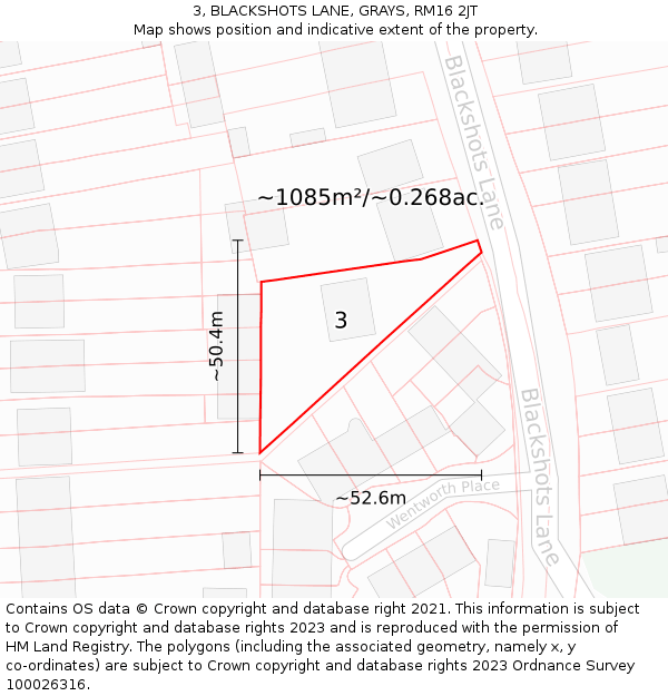 3, BLACKSHOTS LANE, GRAYS, RM16 2JT: Plot and title map