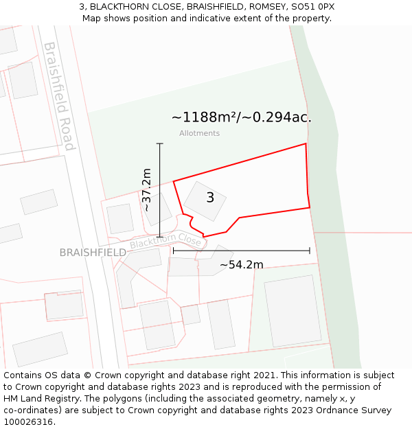 3, BLACKTHORN CLOSE, BRAISHFIELD, ROMSEY, SO51 0PX: Plot and title map