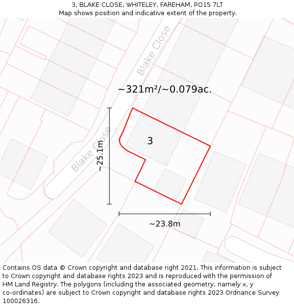 3, BLAKE CLOSE, WHITELEY, FAREHAM, PO15 7LT: Plot and title map