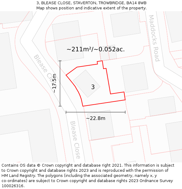 3, BLEASE CLOSE, STAVERTON, TROWBRIDGE, BA14 8WB: Plot and title map