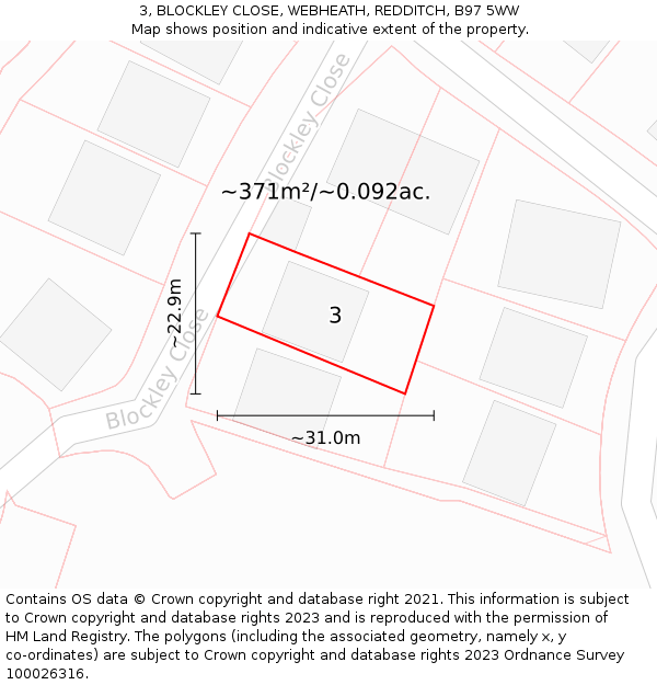 3, BLOCKLEY CLOSE, WEBHEATH, REDDITCH, B97 5WW: Plot and title map