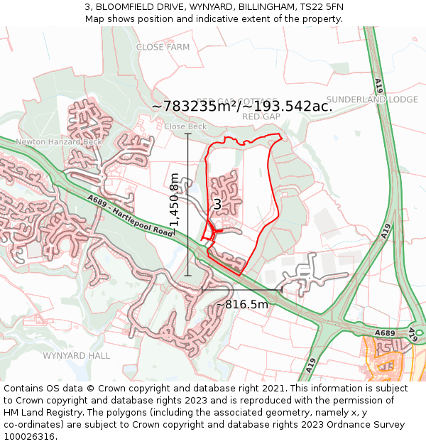 3, BLOOMFIELD DRIVE, WYNYARD, BILLINGHAM, TS22 5FN: Plot and title map