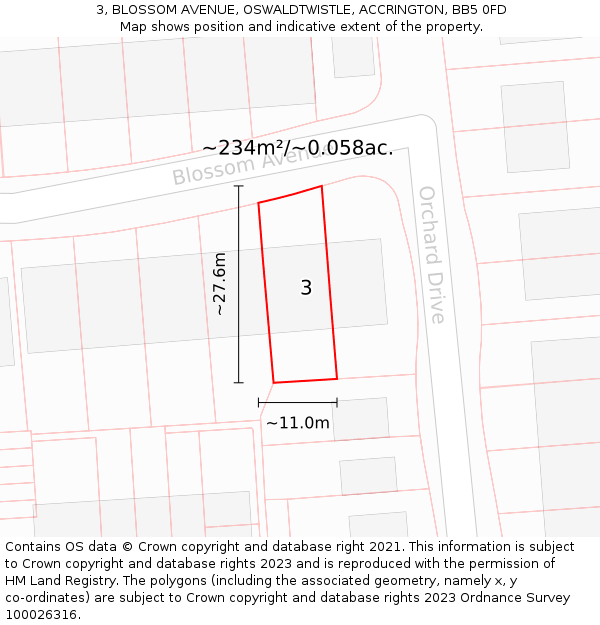 3, BLOSSOM AVENUE, OSWALDTWISTLE, ACCRINGTON, BB5 0FD: Plot and title map