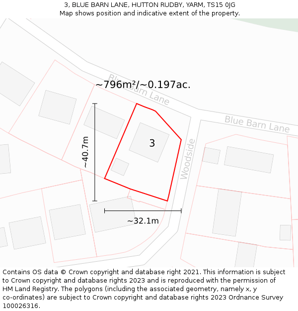 3, BLUE BARN LANE, HUTTON RUDBY, YARM, TS15 0JG: Plot and title map