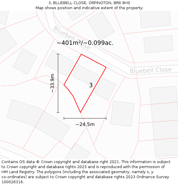 3, BLUEBELL CLOSE, ORPINGTON, BR6 8HS: Plot and title map