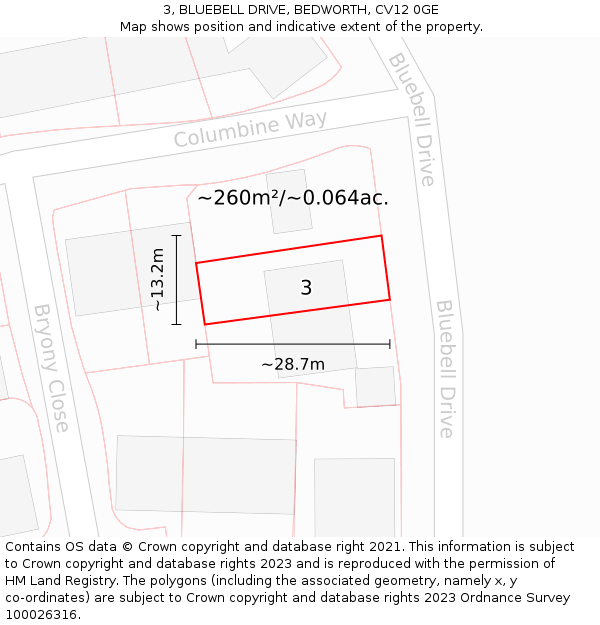 3, BLUEBELL DRIVE, BEDWORTH, CV12 0GE: Plot and title map