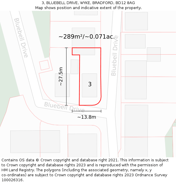3, BLUEBELL DRIVE, WYKE, BRADFORD, BD12 8AG: Plot and title map